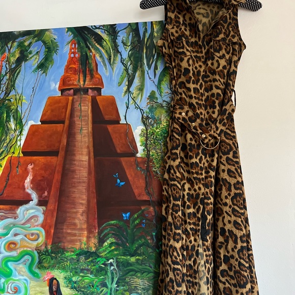 Vintage leopard print dress with matching belt. Sz xs Buttons down the middle - Picture 2 of 10